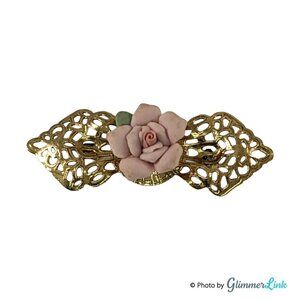 Vintage Victorian Style Filigree Bow Bar Porcelain Rose Gold Tone Brooch